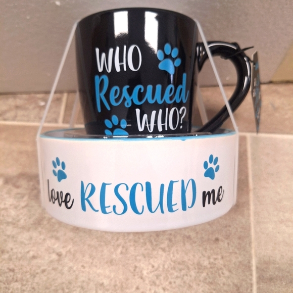 Who rescued who 2pc Coffee cup and Doggie bowl set- New - Picture 2 of 2